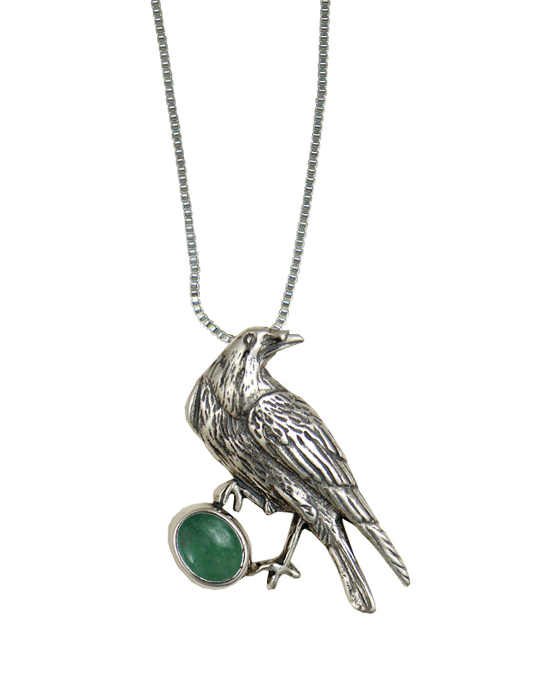 Sterling Silver Raven Pendant With Jade